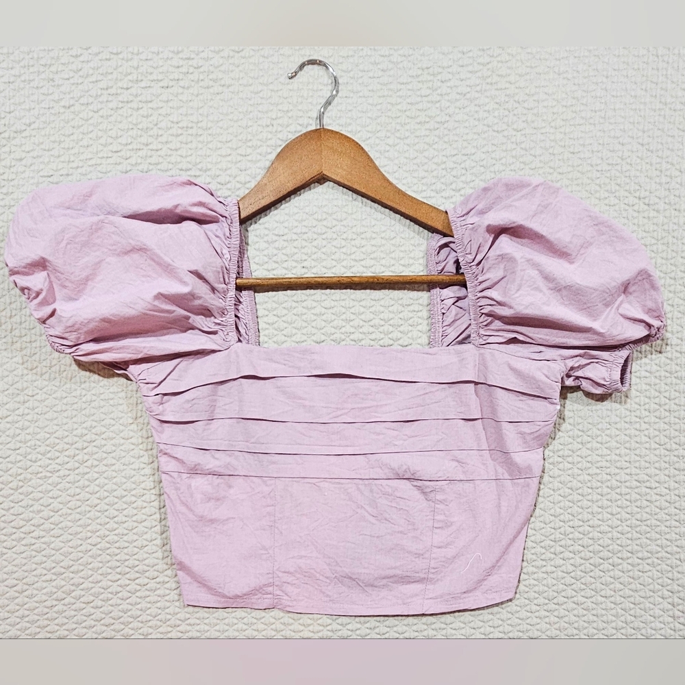 Sim‎ & Sam Cotton Lavender Purple Puff Sleeve Crop Top Blouse w/ Pleats Size M